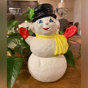 Vtg Hand Painted Ceramic Frosty Snowman Mold Candy Dish Signed Top Hat Scarf